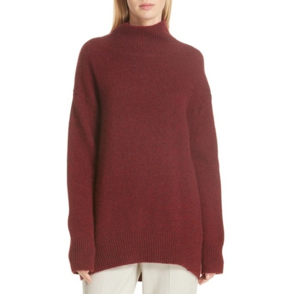 VINCE Cherry Red Cashmere Double Slit Back Hem Oversized Turtleneck Sweater Sz S - Picture 1 of 12